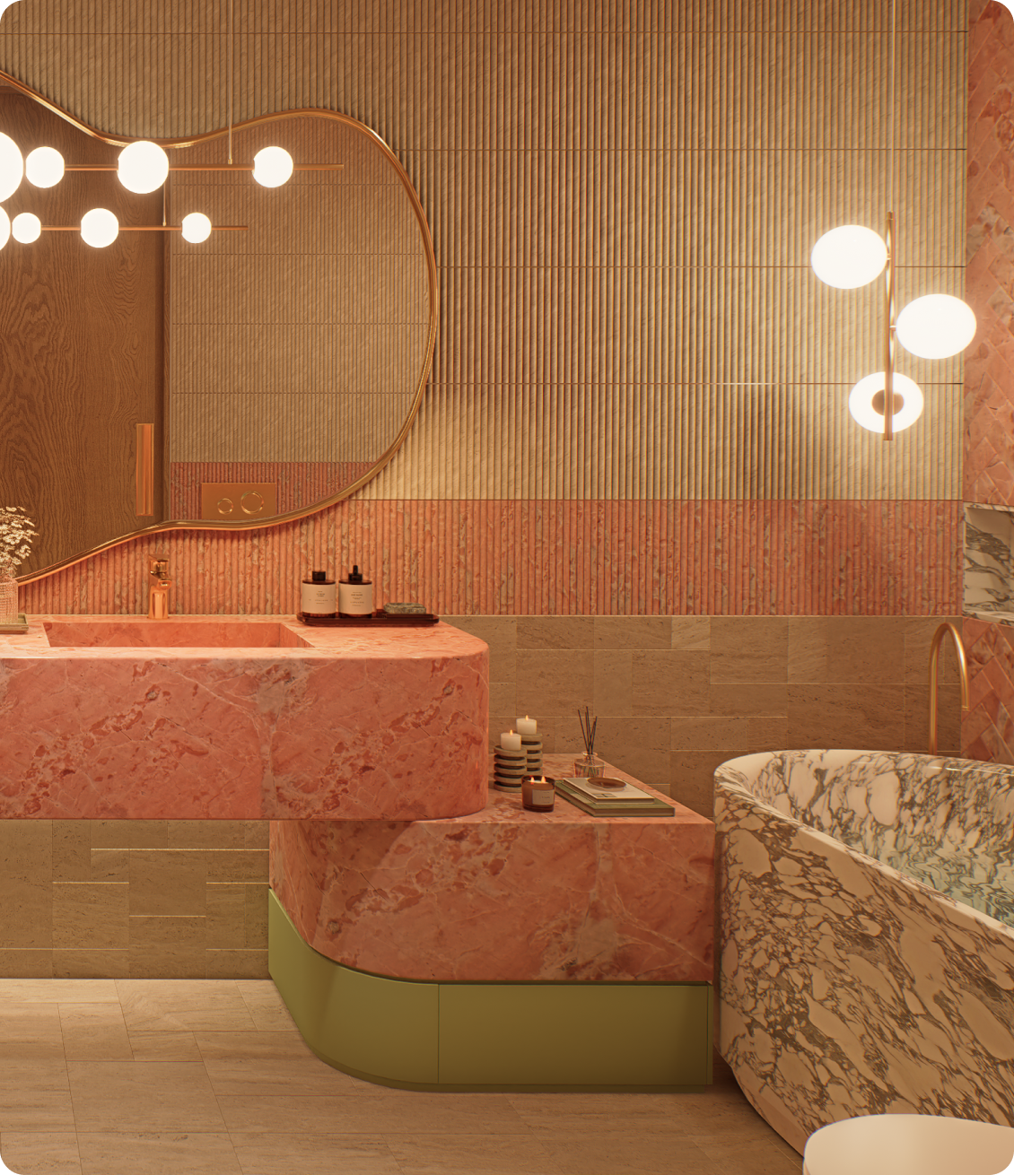 Luxury bathroom featuring Rosa Norvegia marble and Arabescato Cielo herringbone pattern at 70 Cobden by Albert Living, an architectural home in Kew Victoria.