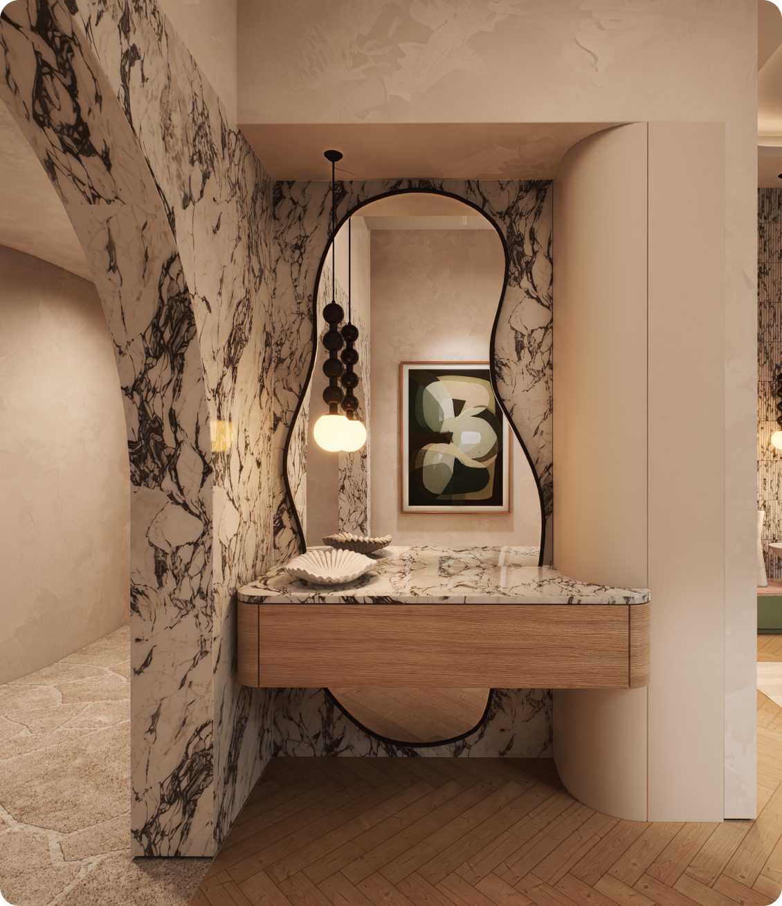 Luxury foyer with fluted cabinet and arabescato marble at 70 Cobden, Kew