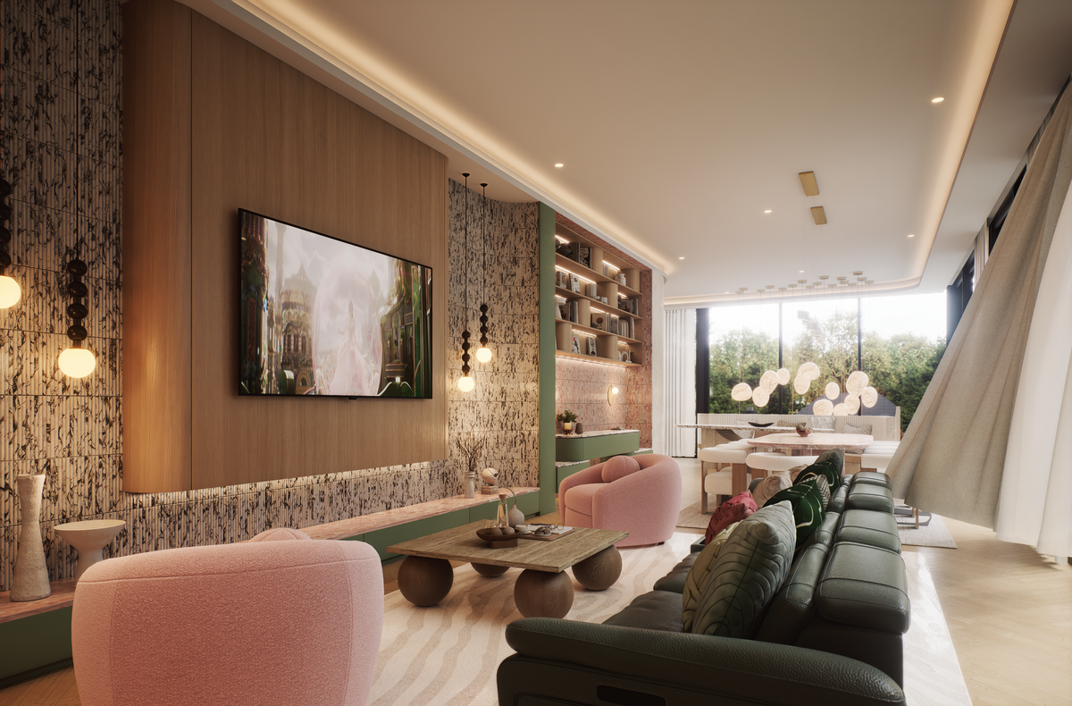 Luxury living room feature wall ith arabescato cielo flutted walls at Kew Melbourne by Albert Living
