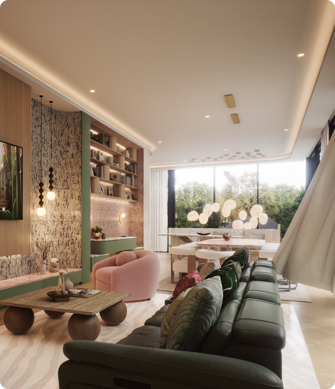 Luxury open plan living and dining featuring custom shelving and designer lighting at 70 Cobden by Albert Living, a modern luxury residence in Kew Melbourne.