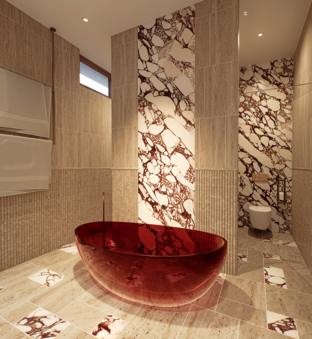 Luxury bathroom featuring red glass basin and textured stone walls at Moderno by Albert Living.
