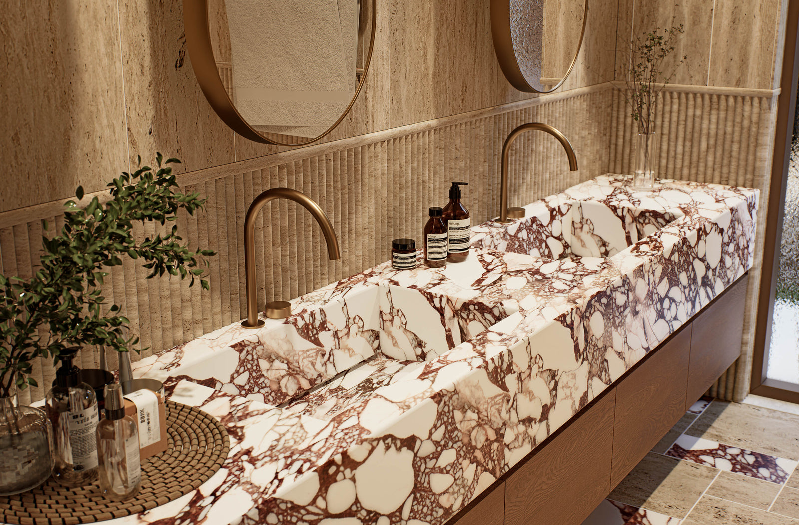 Luxury bathroom featuring Purple Calacatta Viola Marble vanity and designer tapware at Moderno by Albert Living, a modern luxury residence in Melbourne.