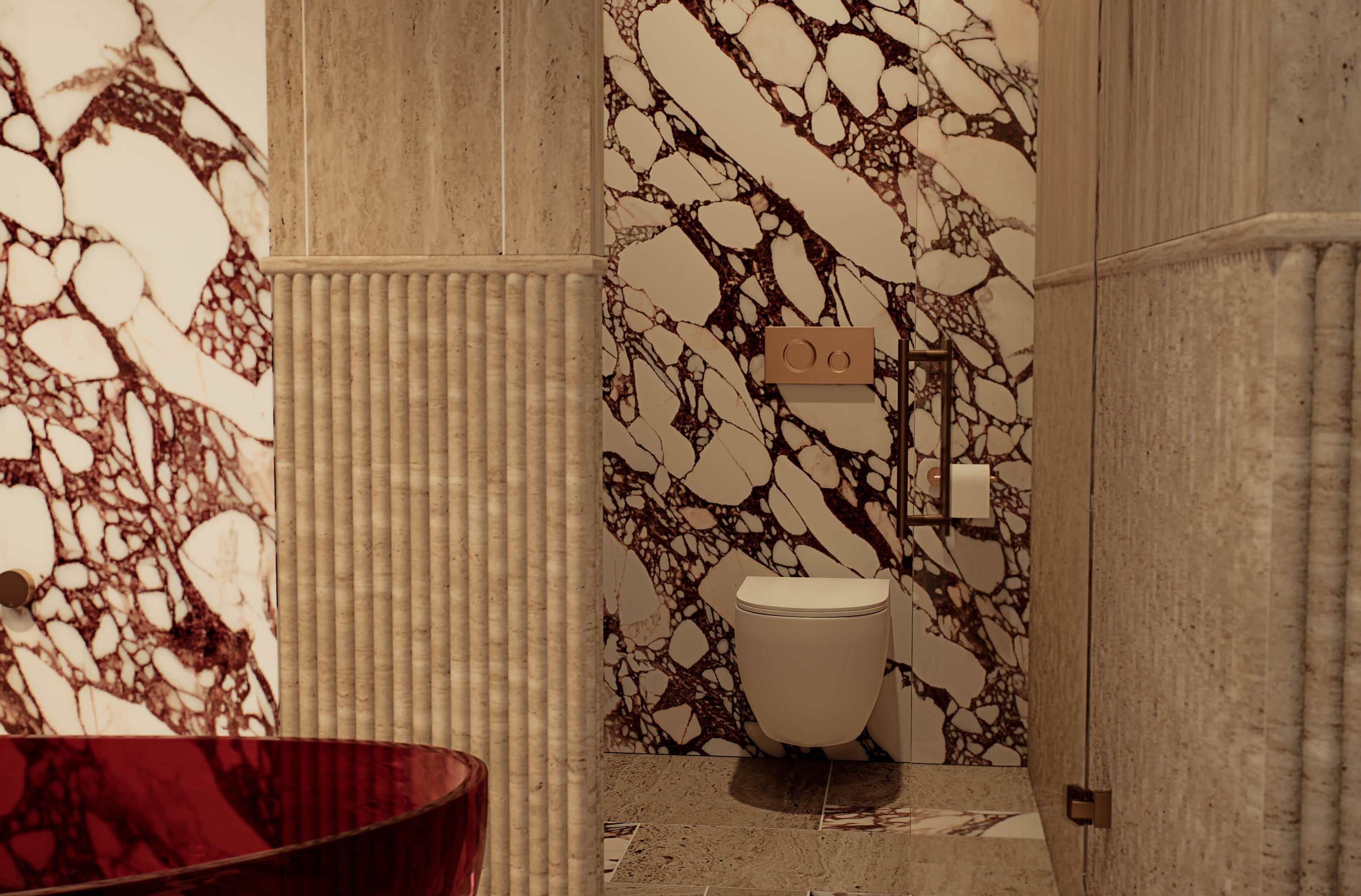 Luxury bathroom featuring marble feature wall and premium stone finishes at Moderno by Albert Living, a modern luxury residence in Melbourne.