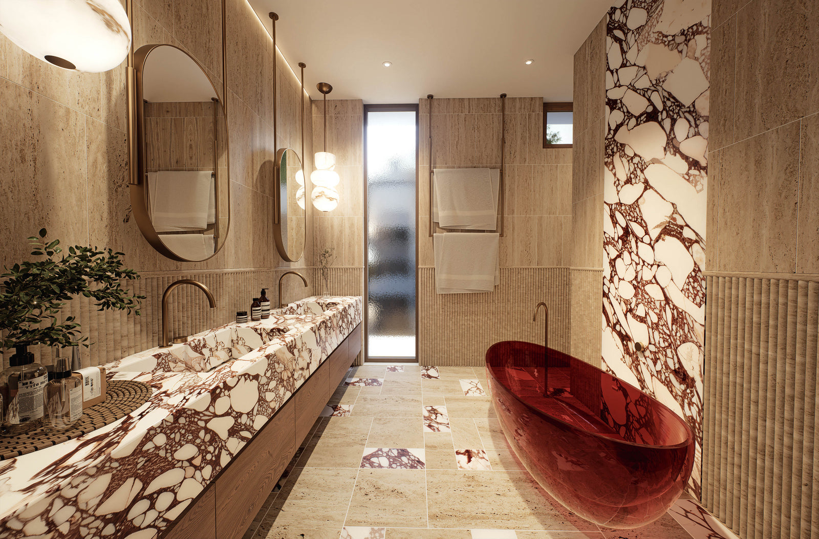 Luxury bathroom featuring marble vanity, sculptural red basin and premium stone finishes at Moderno by Albert Living, a modern luxury residence in Melbourne.