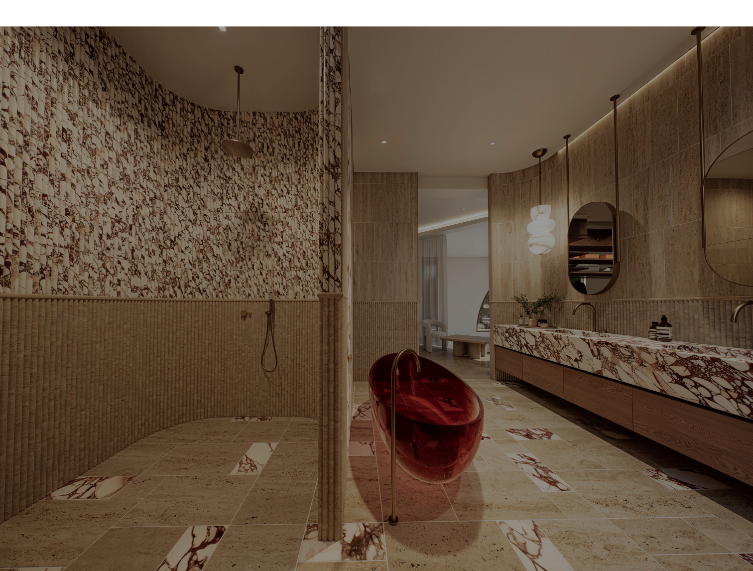 Luxury bathroom featuring sculptural red basin and natural stone finishes at Moderno by Albert Living, a modern luxury residence in Melbourne.