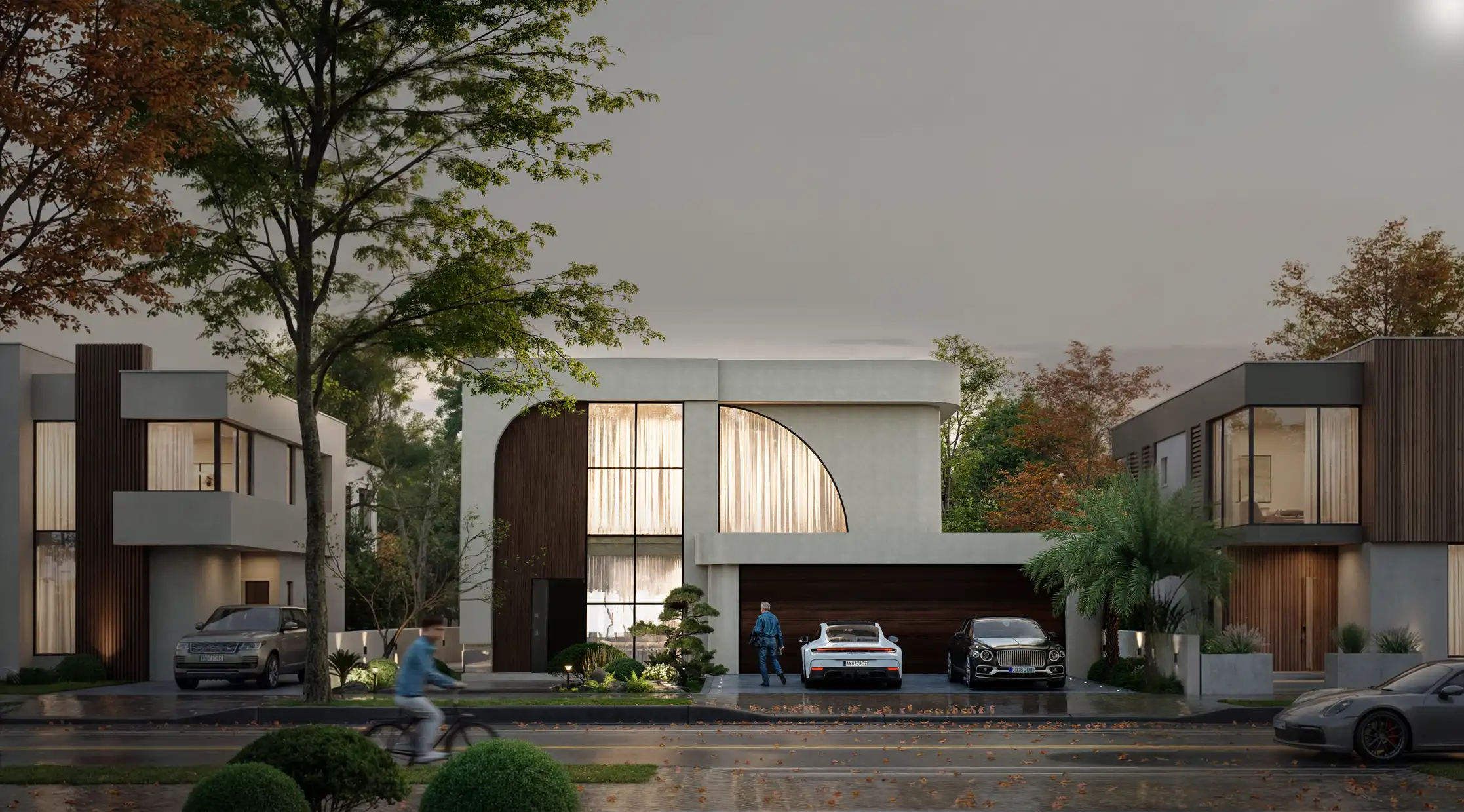 Luxury modern home facade featuring curved architectural glazing and minimalist exterior at Moderno by Albert Living, a modern luxury residence in Melbourne.