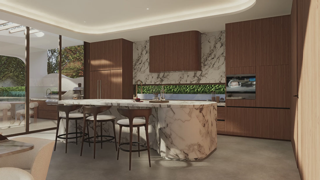 Luxury kitchen featuring timber cabinetry and marble island at Moderno by Albert Living, a modern luxury residence in Melbourne.