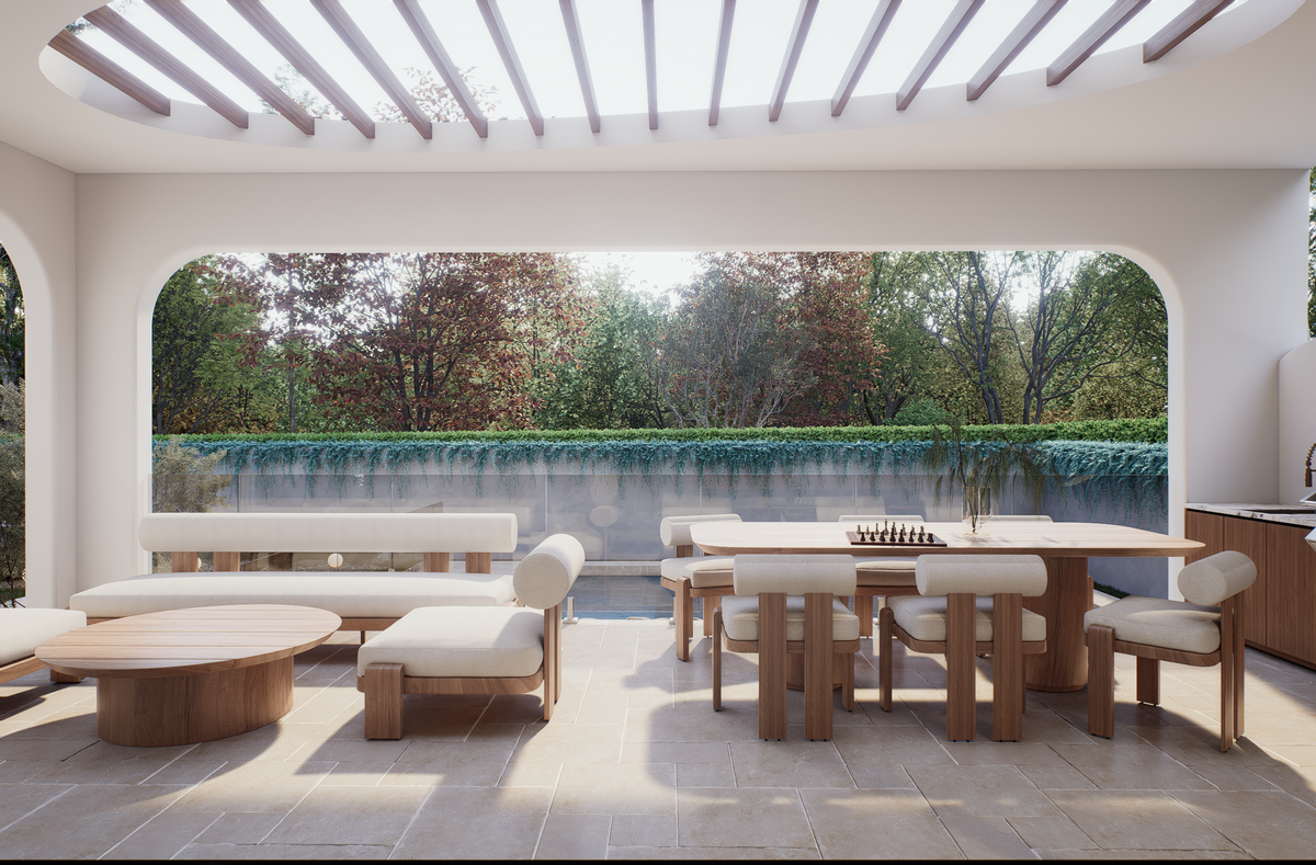 Luxury alfresco featuring outdoor dining, timber furniture and pergola at Villa Arcus by Albert Living, a conceptual luxury home design.