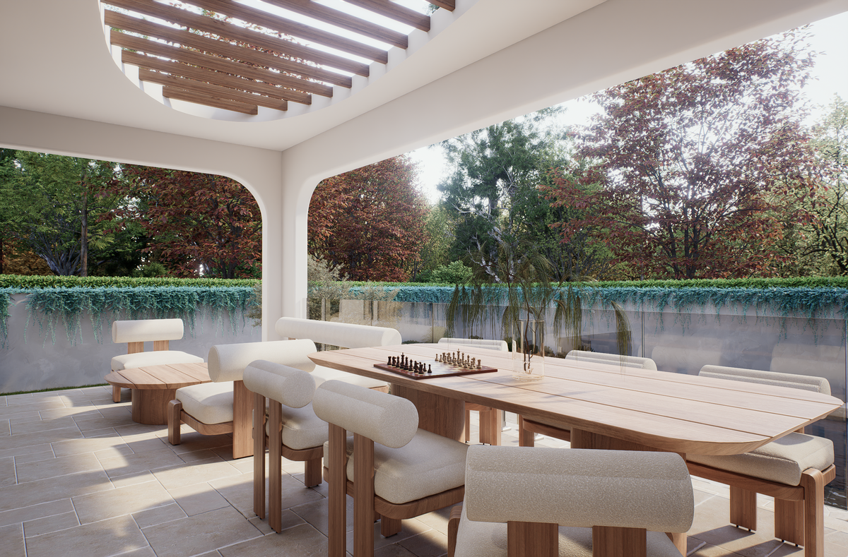Luxury alfresco featuring outdoor kitchen, timber cabinetry and pergola at Villa Arcus by Albert Living, a luxury home design.