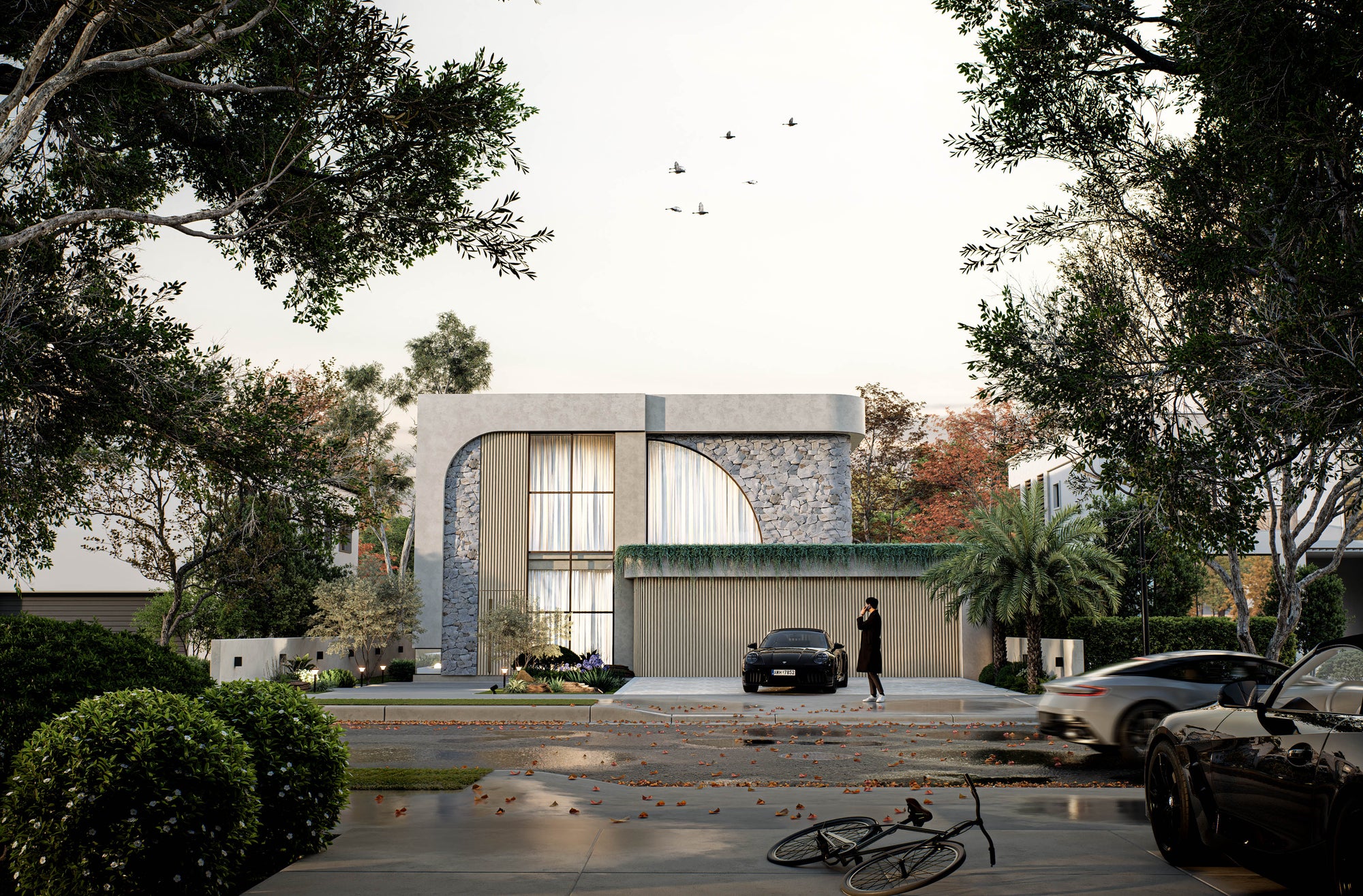 Luxury architectural home featuring curved facade, landscaped entry and minimalist exterior at Villa Arcus by Albert Living, a conceptual luxury home design.