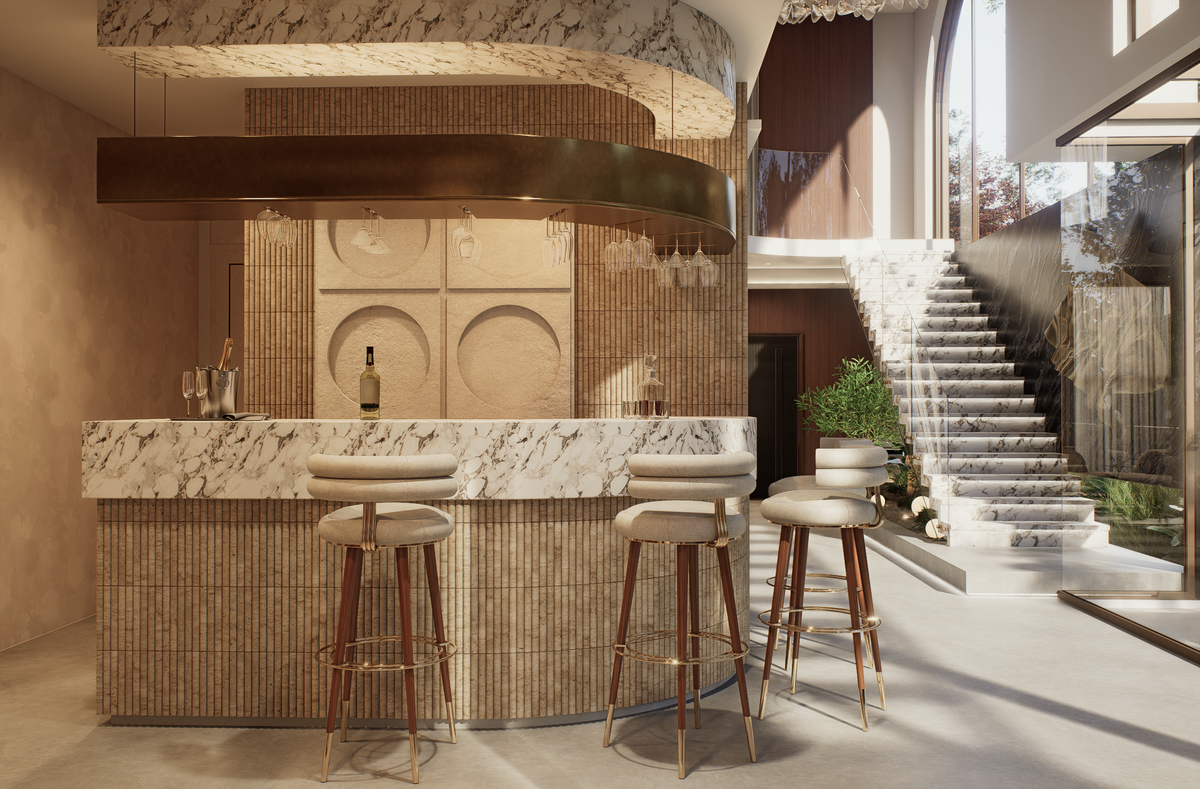 A luxury modern interior design scene featuring a curved bar with a white marble countertop and a textured beige woven wall. Three high bar stools with cream cushions and gold legs are positioned in front of the bar.