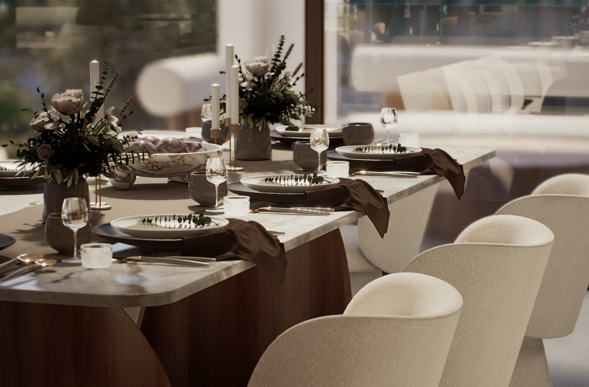 Luxury dining area featuring custom dining table and premium interior finishes at Villa Arcus by Albert Living, a luxury home design.