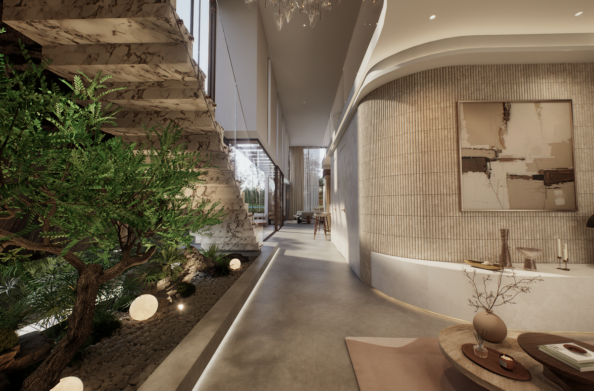 A modern interior hallway with a curved beige tiled wall, abstract wall art, a built-in stone staircase on the left, a landscaped greenery planter with a tree, and a concrete floor.