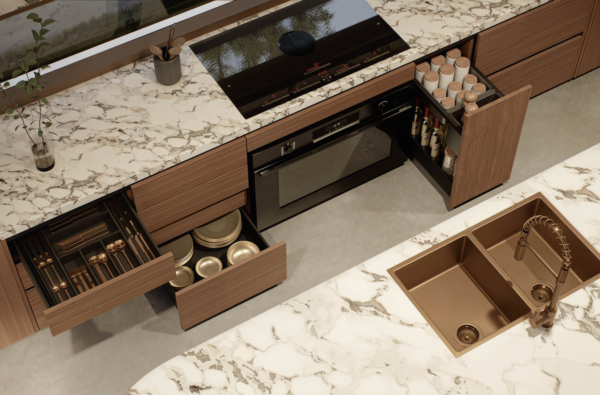 Luxury kitchen featuring custom storage, integrated joinery and Fendi white marble surfaces at Villa Arcus by Albert Living, a luxury home design.