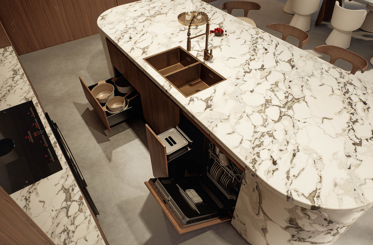 Luxury kitchen featuring sculptural curved marble island and custom timber cabinetry at Villa Arcus by Albert Living, a luxury home design.