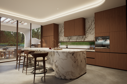 Luxury kitchen featuring sculptural marble island and bespoke timber cabinetry at Villa Arcus by Albert Living, a luxury home design.
