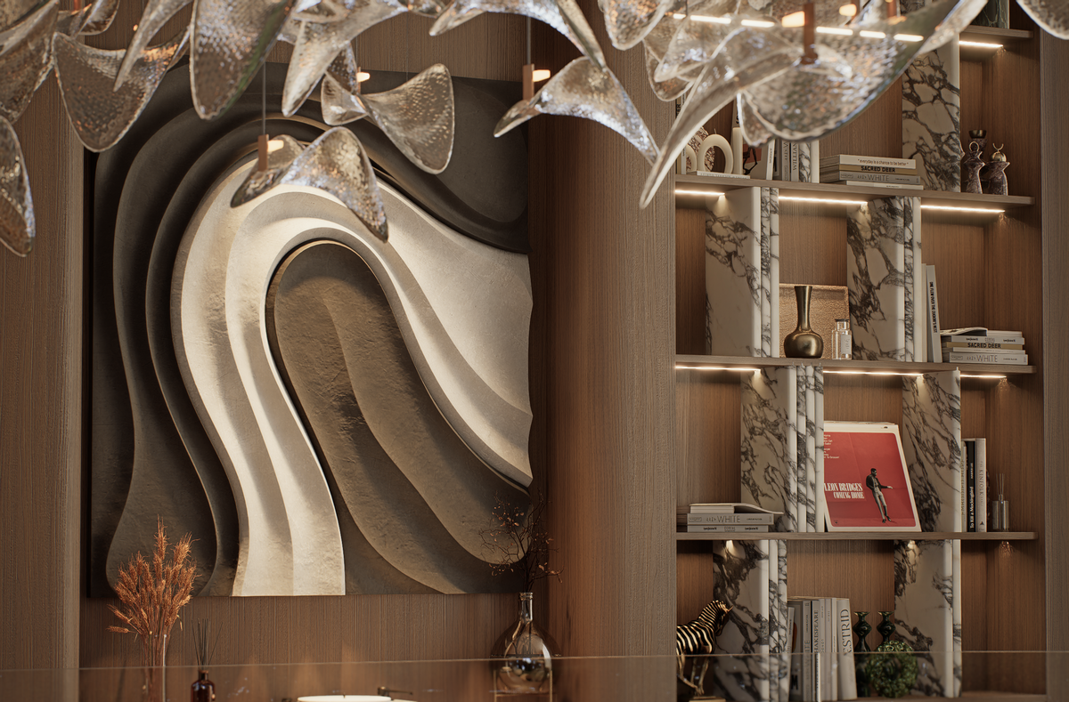 Luxury library featuring sculptural feature lighting and custom joinery at Villa Arcus by Albert Living, a luxury home design.