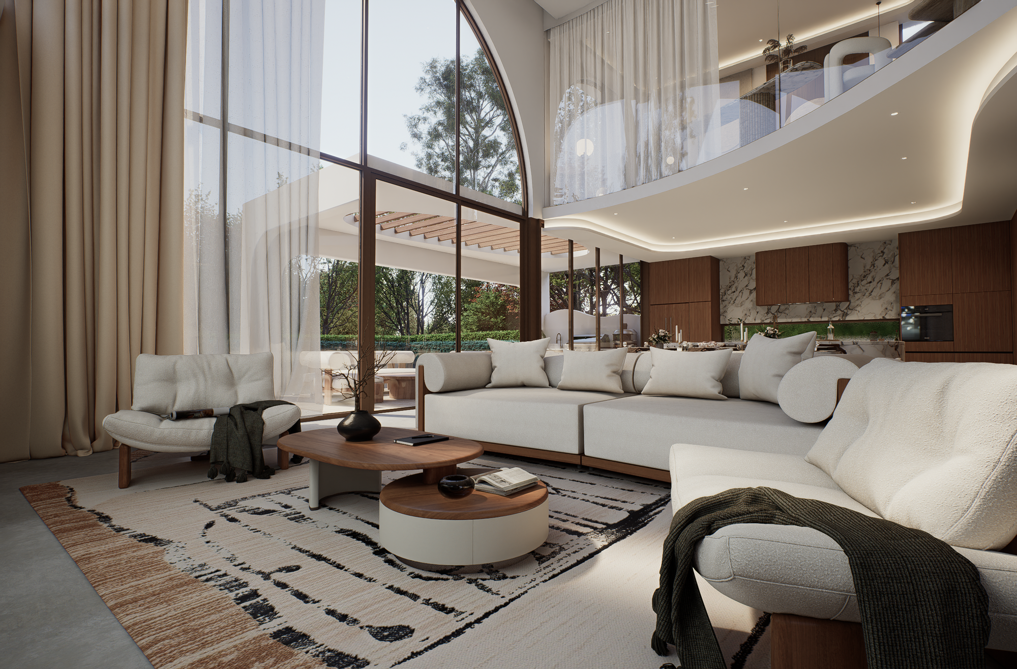 A modern, luxurious living room featuring a large white sectional sofa, a matching accent chair, a round wooden coffee table, and a patterned area rug. The room is characterized by high arched windows with beige curtains, warm ambient lighting, and an open kitchen area in the background.