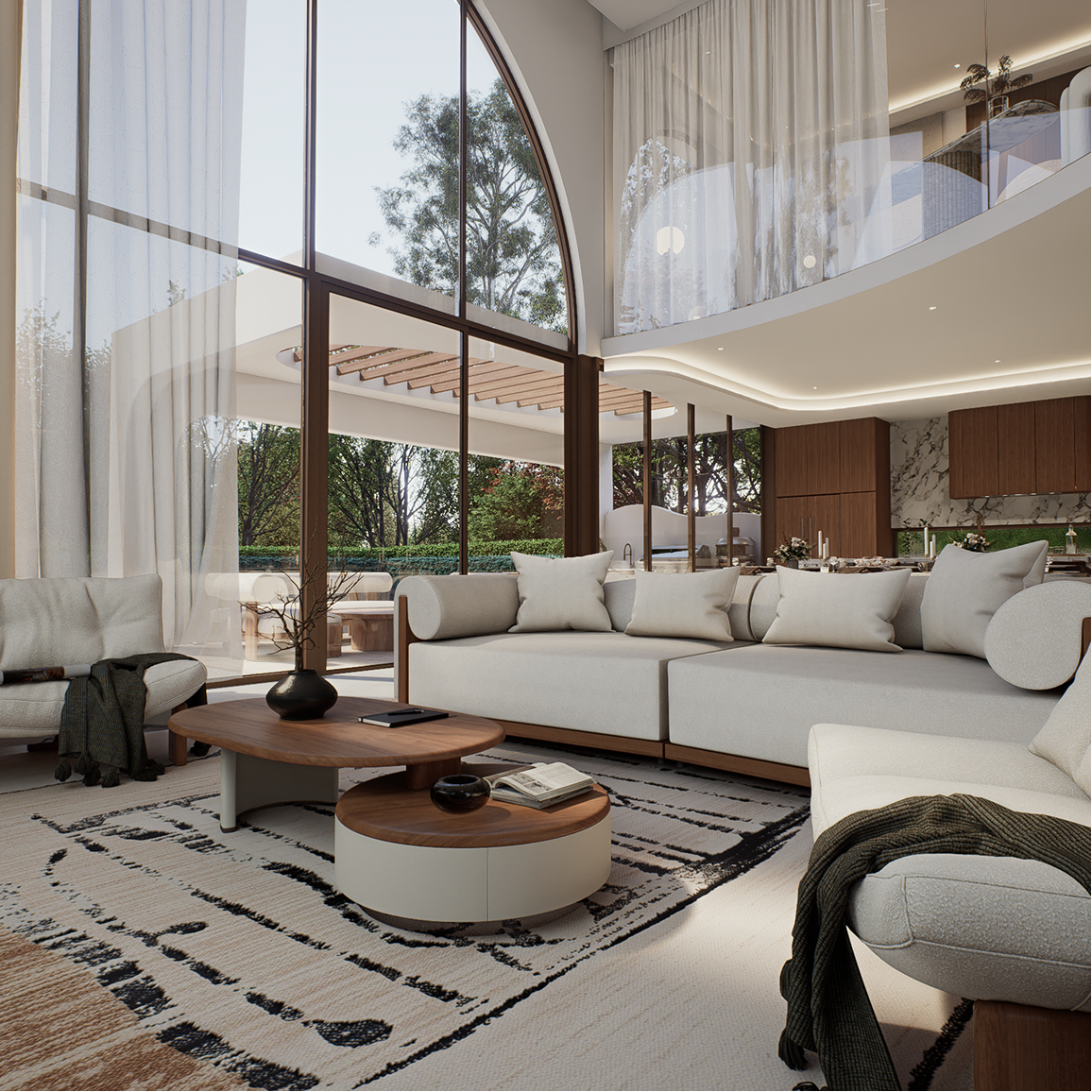 Luxury living room featuring curved sofa and floor-to-ceiling glazing at Villa Arcus by Albert Living, a luxury home design.