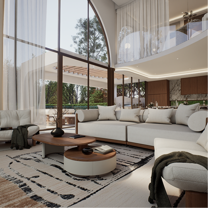 Luxury living room featuring curved sofa and floor-to-ceiling glazing at Villa Arcus by Albert Living, a luxury home design.
