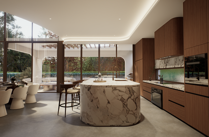 Luxury kitchen featuring marble island detail and integrated storage at Villa Arcus by Albert Living, a luxury home design.