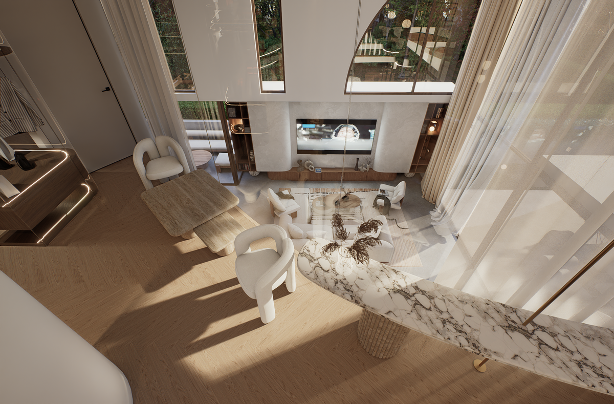 Luxury master bedroom featuring double-height void and contemporary architectural design at Villa Arcus by Albert Living, a luxury home design.