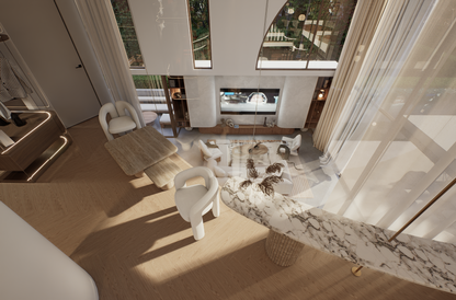 Luxury master bedroom featuring double-height void and contemporary architectural design at Villa Arcus by Albert Living, a luxury home design.