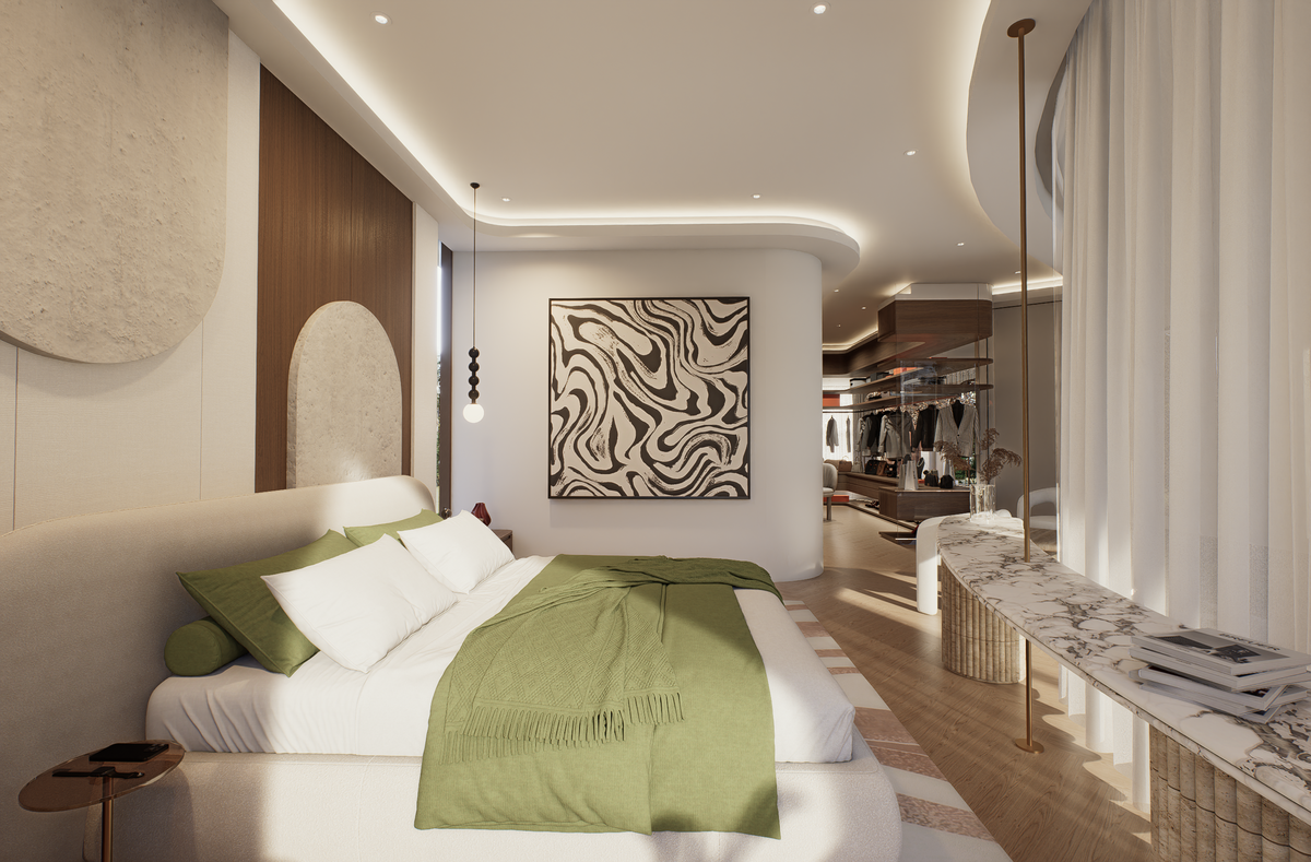 Luxury master bedroom featuring open plan suite and premium interior finishes at Villa Arcus by Albert Living, a luxury home design.