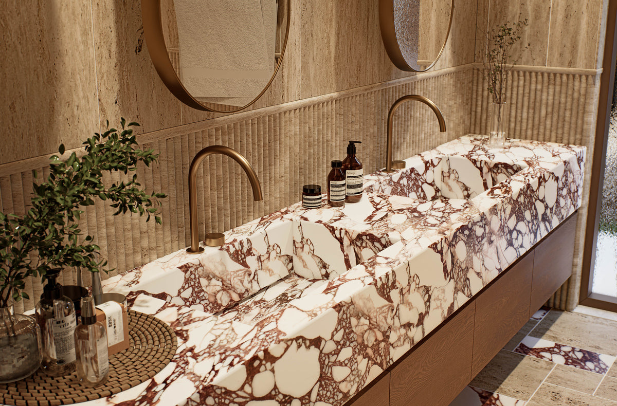 Luxury master ensuite featuring marble double vanity and designer tapware at Villa Arcus by Albert Living, a luxury home design.