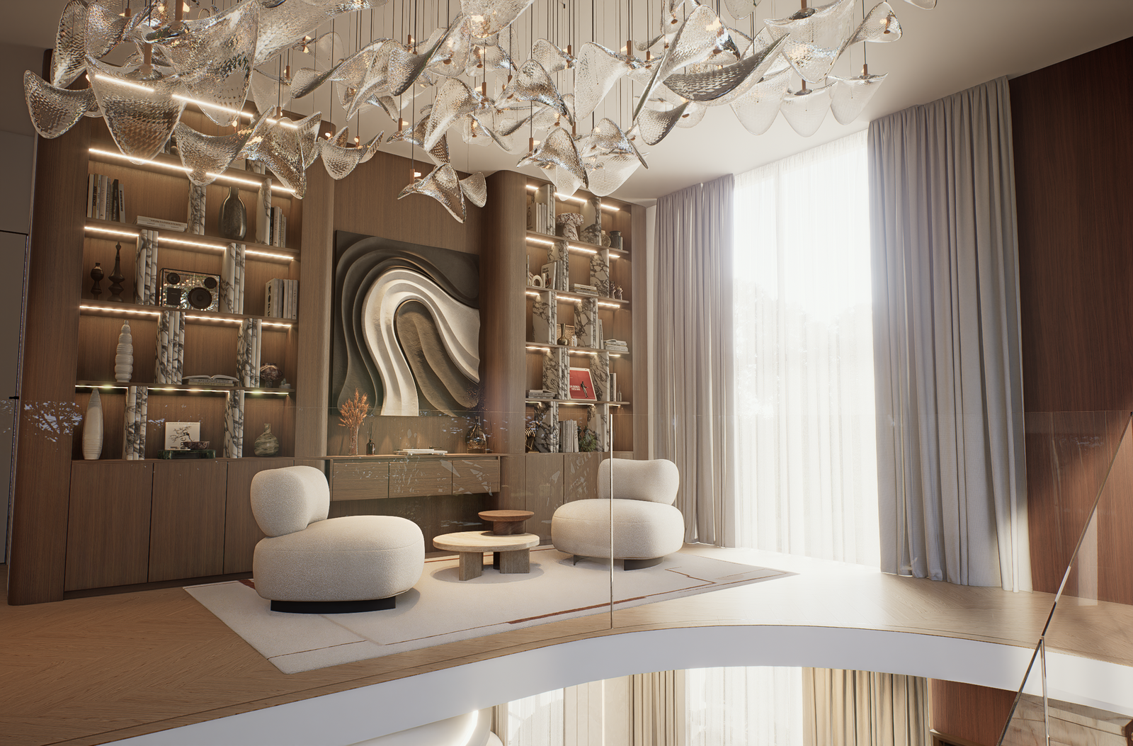 Luxury mezzanine library featuring double-height bookshelves and designer lighting at Villa Arcus by Albert Living, a luxury home design.