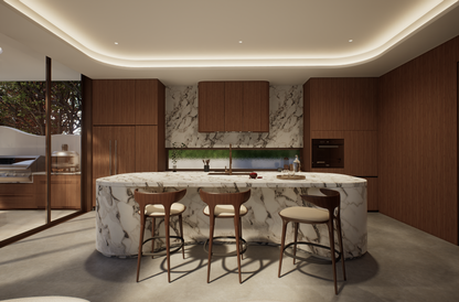 Luxury open plan kitchen featuring marble island and custom cabinetry at Villa Arcus by Albert Living, a luxury home design.