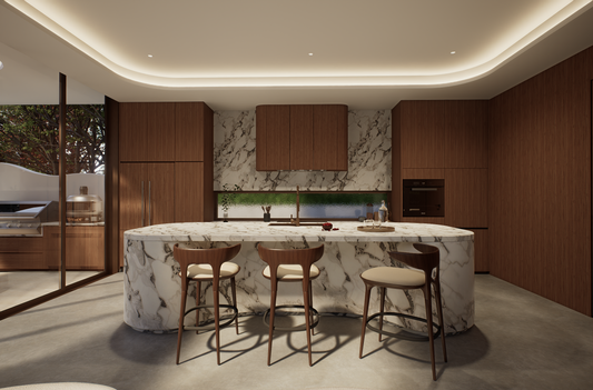 Luxury open plan kitchen featuring marble island and custom cabinetry at Villa Arcus by Albert Living, a luxury home design.