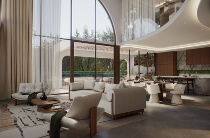 Luxury open plan living room featuring curved architecture and expansive glazing at Villa Arcus by Albert Living, a luxury home design.