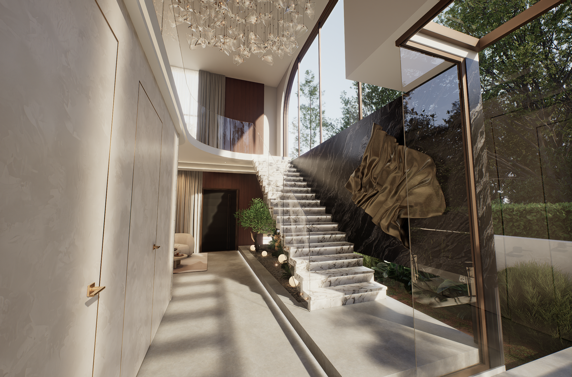 A modern luxury interior staircase with white marble steps, a large black wall-mounted sculpture, glass walls, and a chandelier overhead.