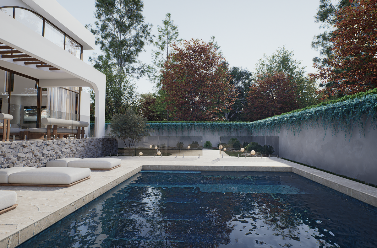 Luxury swimming pool featuring landscaped garden and outdoor entertaining area at Villa Arcus by Albert Living, a luxury home design.