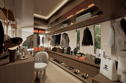 Luxury walk-in robe featuring custom joinery and boutique-inspired wardrobe design at Villa Arcus by Albert Living, a luxury home design.