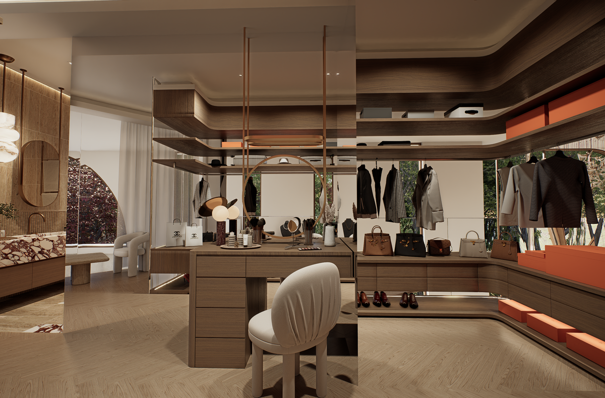Luxury walk-in robe featuring designer storage and premium wardrobe joinery at Villa Arcus by Albert Living, a luxury home design.