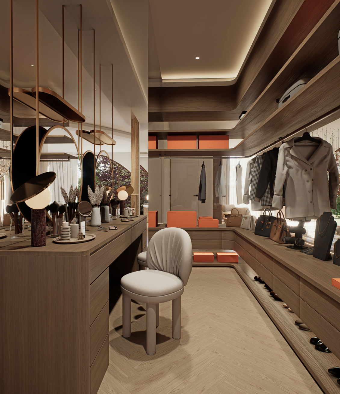 Luxury walk-in robe featuring designer storage and premium wardrobe joinery at Villa Arcus by Albert Living, a luxury home design.