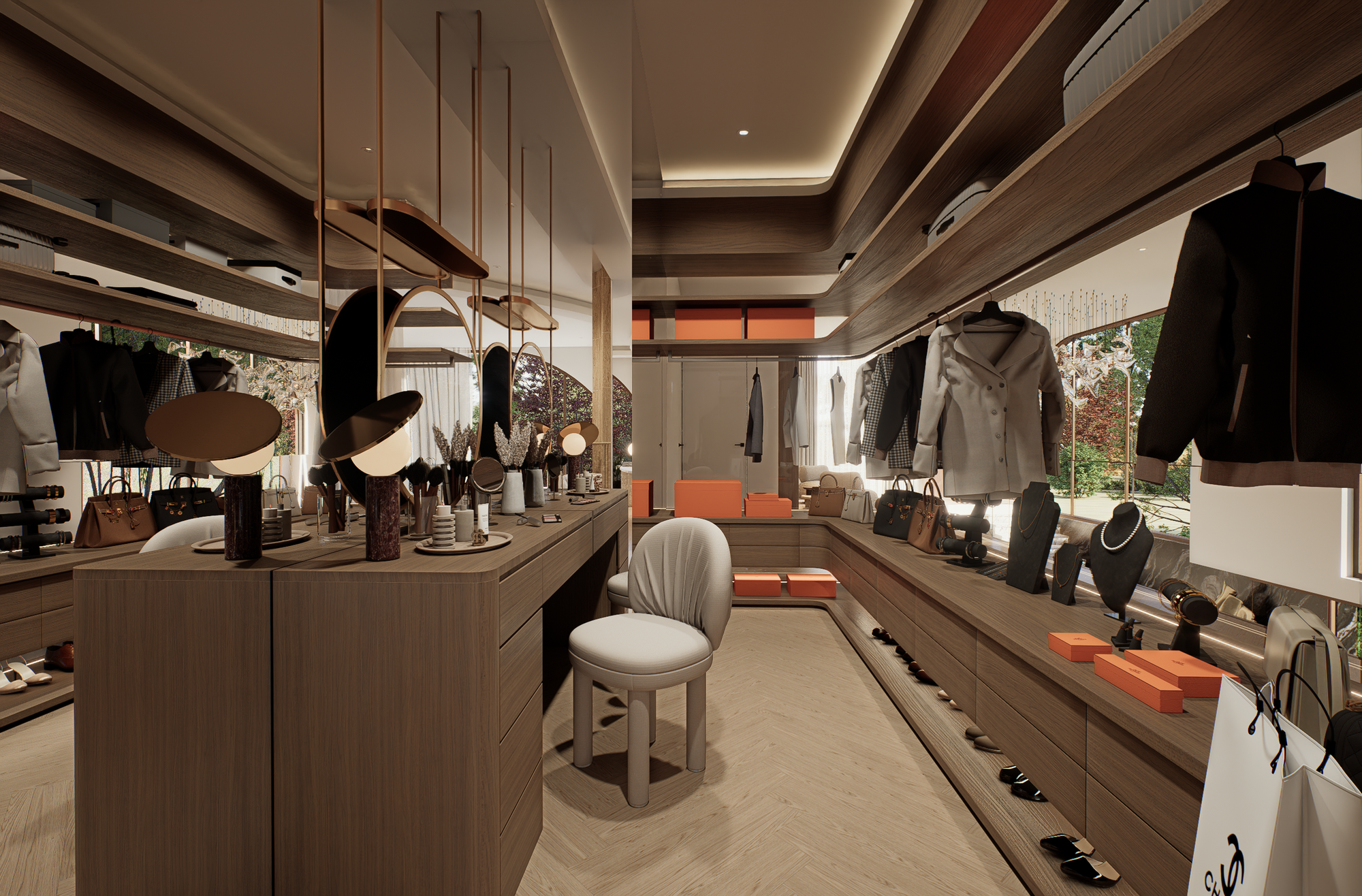 A luxury boutique interior with wood cabinetry, hanging garments, display stands, a white chair, and warm ambient lighting. No person is present, but the real retail environment makes this Lifestyle rather than Product/Packaging.